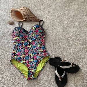 One Piece Coco Rave Swimsuit. Y2K style Neon, geometric print. Size Medium 34 C